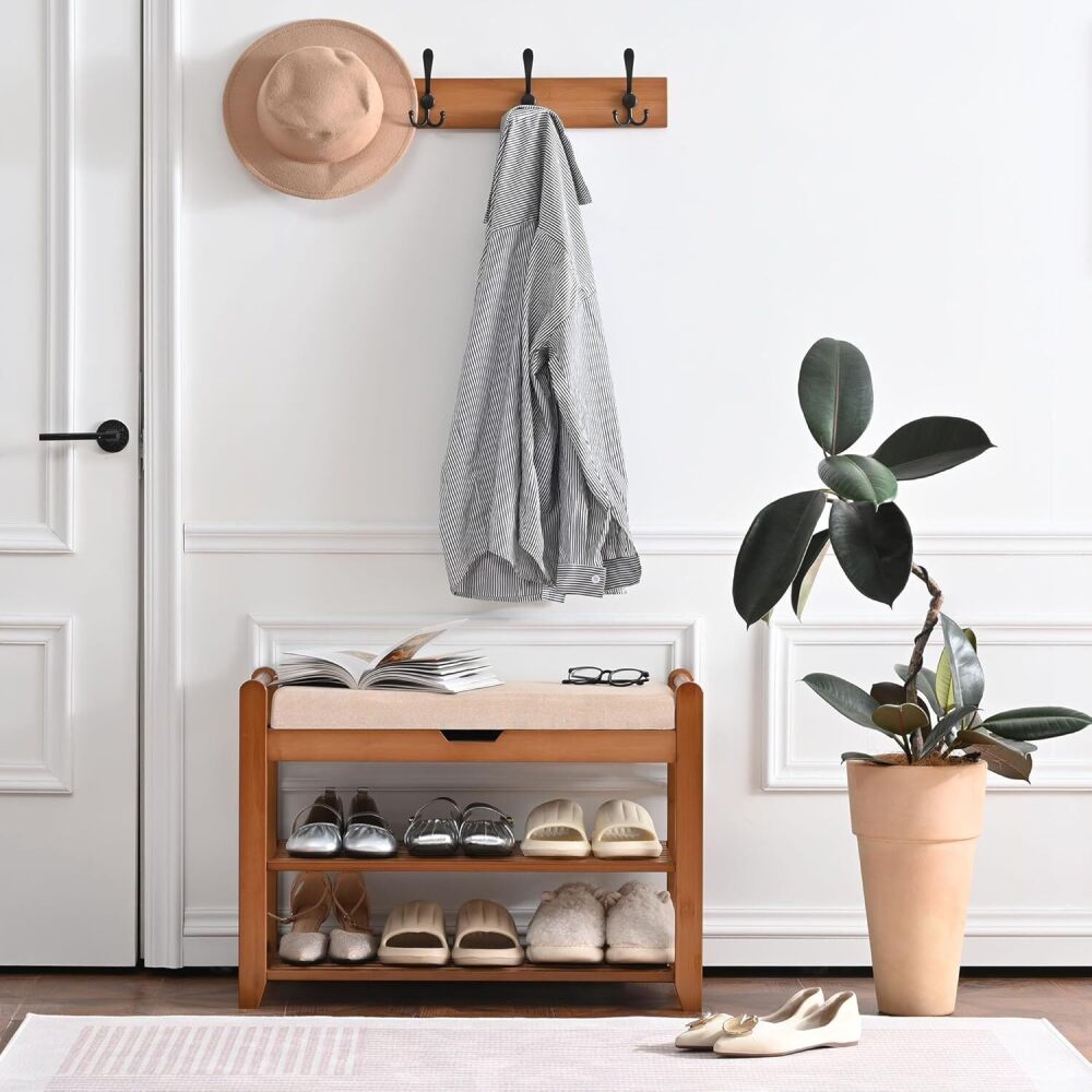 Shoe Storage Bench with Coat Rack, 27.6in Hall Tree Shoe Rack, 3-Tier Bamboo Entryway Bench Holds Up to 330lb for Bedroom Hallyway - Image 1 - Lot 8584