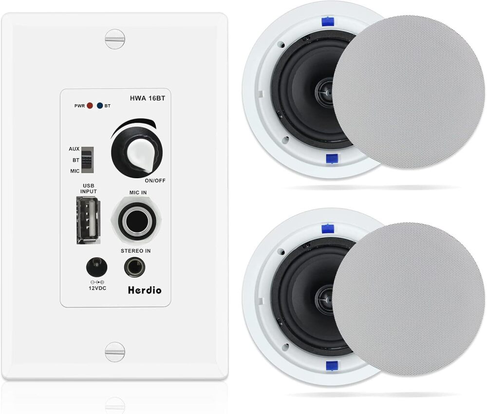 4Pack Herdio 6.5 Inch Bluetooth Ceiling Speakers 320W 2-Way Flush Mount in Wall Amplifier Receiver Suitable for Home Theater Bathroom Living Room Kitchen Office (White, Pair) - Image 1 - Lot 8587