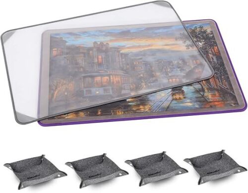 Kidoodler Jigsaw Puzzle Board with Cover & Sorting Trays | 33x22 Portable Puzzle Mat for 1000 pcs with 4 Foldable Sorting Trays | 4mm Reinforced Hardboard | Non-Slip Surface | Purple - Lot 8829