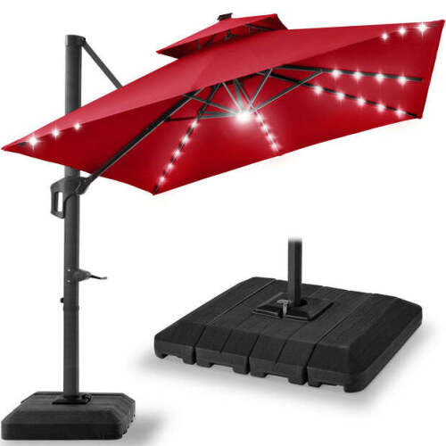 2-Tier Square LED Cantilever Offset Umbrella w/ 360 Rotation, Base - 10x10ft - Lot 8834