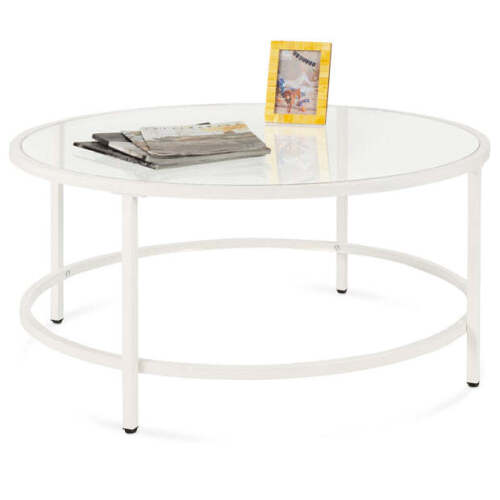 Round Tempered Glass Coffee Table w/ Steel Frame - 36in - Lot 8980