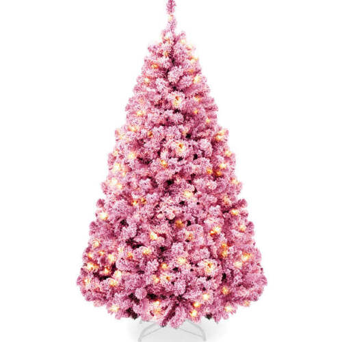 Prelit Pink Christmas Tree, Snow Flocked Full Holiday Decor w/ Metal Base - Lot 8994