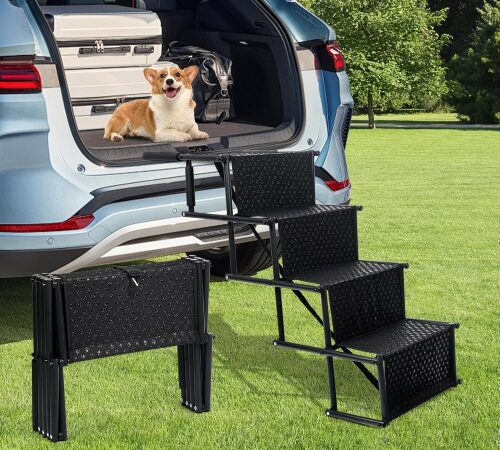 Dog Ramp for Car, Foldable Dog Stairs with Non-Slip Dog Paw Print Oxford Cloth, 4 Steps Dog Stairs Support 150 lbs for Large Dog, Injured Dog, Short Legged Dog, Suitable for Cars SUVs, High Beds - Lot 9155