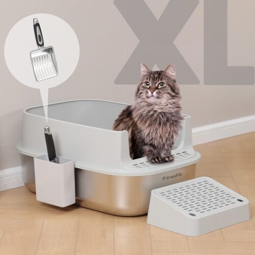 PawsPik Stainless Steel Cat Litter Box & Metal Scooper, X-Large, Light Gray - Lot 9307