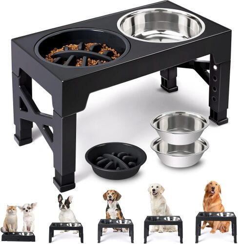 Heeyoo Elevated Dog Bowls - 5 Adjustable Heights Stand, 2 Stainless Steel Bowls & 1 Slow Feeder, 3.2" to 12.2" for Small to Large Dogs - Lot 9091
