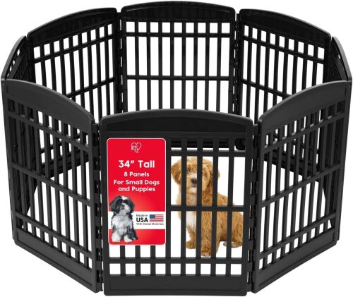 IRIS USA 34" 8-Panel Dog Playpen, 63 x 63 x 35, Puppy Fence, Puppy Playpen, Dog Play Pen Indoors, Pet Fence, Puppies/Small Dogs, Black - Lot 9046