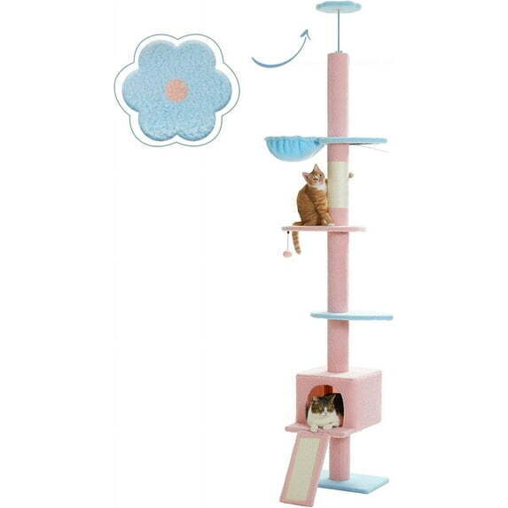 PETEPELA Floor to Ceiling Cat Tree[83"-108"], Cat Tower 5 Levels, Height Adjustable, Cat Scratching Post with Top Perches and Spacious Condo for Large Indoor Cats, Blue - Image 1 - Lot 9068