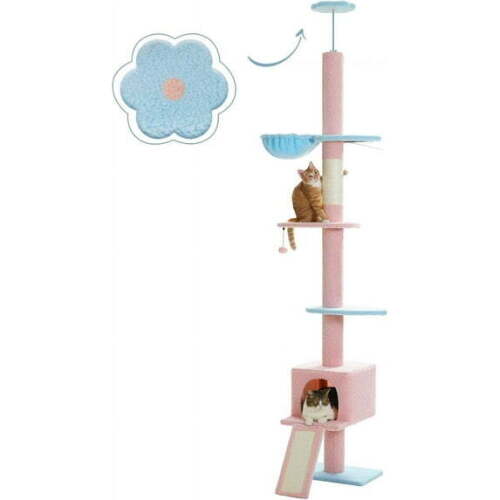 PETEPELA Floor to Ceiling Cat Tree[83"-108"], Cat Tower 5 Levels, Height Adjustable, Cat Scratching Post with Top Perches and Spacious Condo for Large Indoor Cats, Blue - Lot 9068