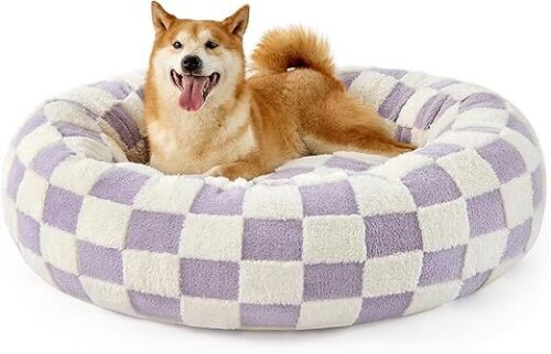 LE SURE Donut Large Dog Bed - Round Cat Beds for Indoor Anti-Anxiety Calming Pet Beds, Washable Cute Modern Beds with Jacquard Shaggy Plush & Anti Slip Bottom, 36 Inch, Purple - Lot 9028