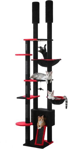 PEQULTI Tall Cat Tree, Floor to Ceiling Cat Tree Tower Adjustable [90.5''-100.4''=230-252CM] with Cat Condo, Hammock and Scratching Post, Gothic Cat Climbing Tree for Indoor Large Cats, Black - Lot 9033