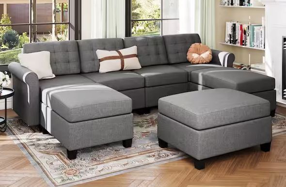 PHI VILLA 102.2 in. Flared Arm 7-Piece Modern Linen Sectional Sofa in Gray with 3-Ottoman - Image 1 - Lot 8JF