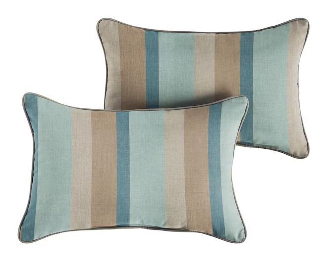 SORRA HOME Sunbrella Blue Taupe Stripe with Silver Grey Rectangular Outdoor Corded Lumbar Pillows, Set of 4 - Image 1 - Lot 256JF