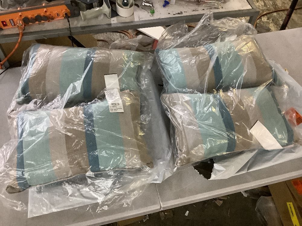 SORRA HOME Sunbrella Blue Taupe Stripe with Silver Grey Rectangular Outdoor Corded Lumbar Pillows, Set of 4 - Image 2 - Lot 256JF