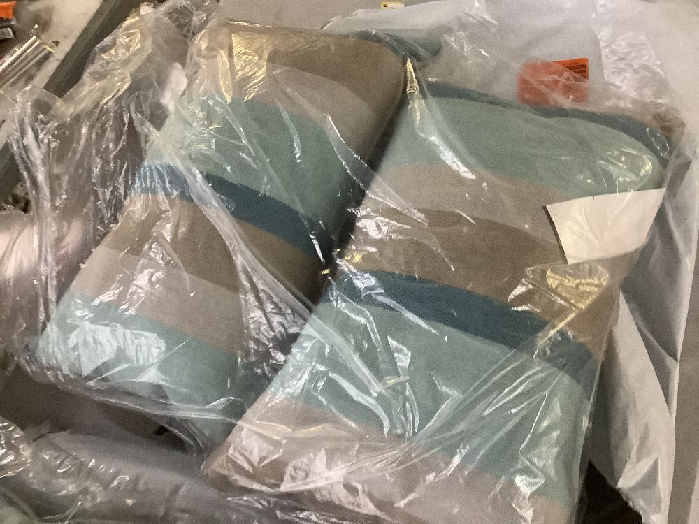 SORRA HOME Sunbrella Blue Taupe Stripe with Silver Grey Rectangular Outdoor Corded Lumbar Pillows, Set of 4 - Image 4 - Lot 256JF