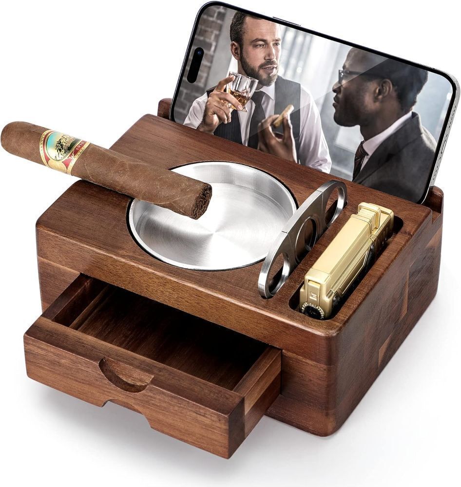 Wooden Cigar Ashtray with Cigar Cutter, Phone Tablet Holder, Cigar Holder, Accessories Drawer and Lighter Slot - Image 1 - Lot 516