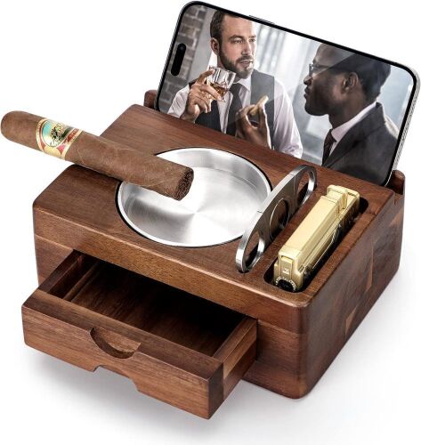 Wooden Cigar Ashtray with Cigar Cutter, Phone Tablet Holder, Cigar Holder, Accessories Drawer and Lighter Slot - Lot 516