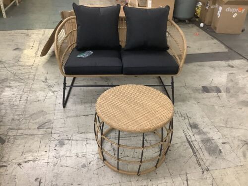 Rope Wicker Outdoor Loveseat w/ Cushions & Coffee Table - Lot 72