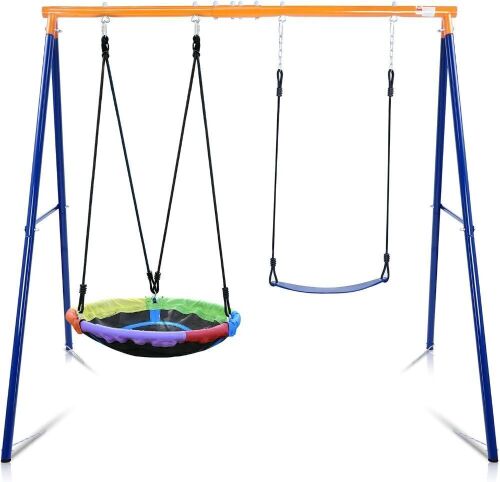 Swing Set with Heavy-Duty A-Frame, 1 Saucer & 1 Belt Swing, 440lb Capacity - Lot 175