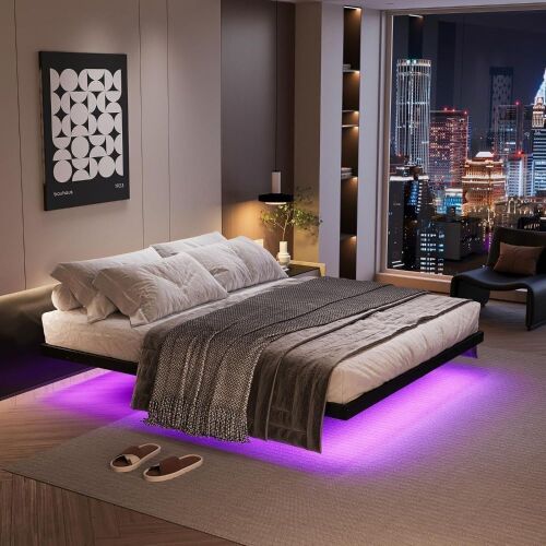 Floating Bed Frame with LED Lights and Charging Station, 14 Inch King Size - Lot 292