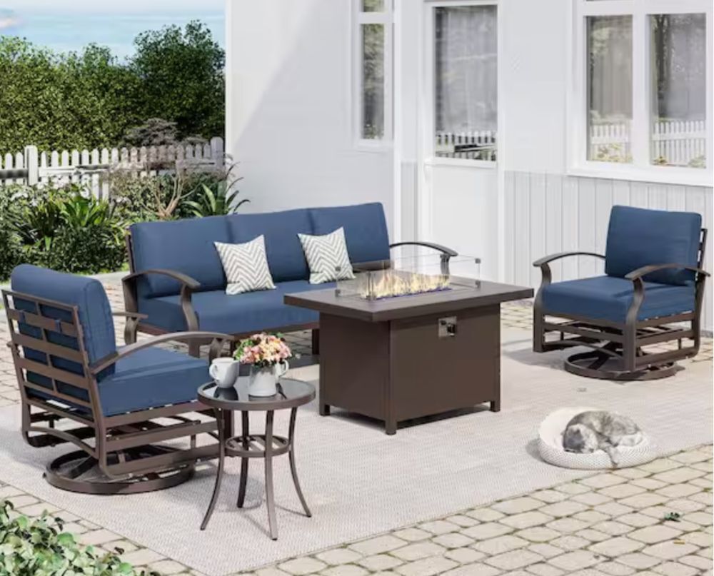 5-Piece Aluminum Patio Conversation Set with Firepit Table, Swivel Rocking Chairs and Navy-Blue Cushions - Image 1 - Lot 5JF