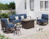 5-Piece Aluminum Patio Conversation Set with Firepit Table, Swivel Rocking Chairs and Navy-Blue Cushions - Thumbnail 1