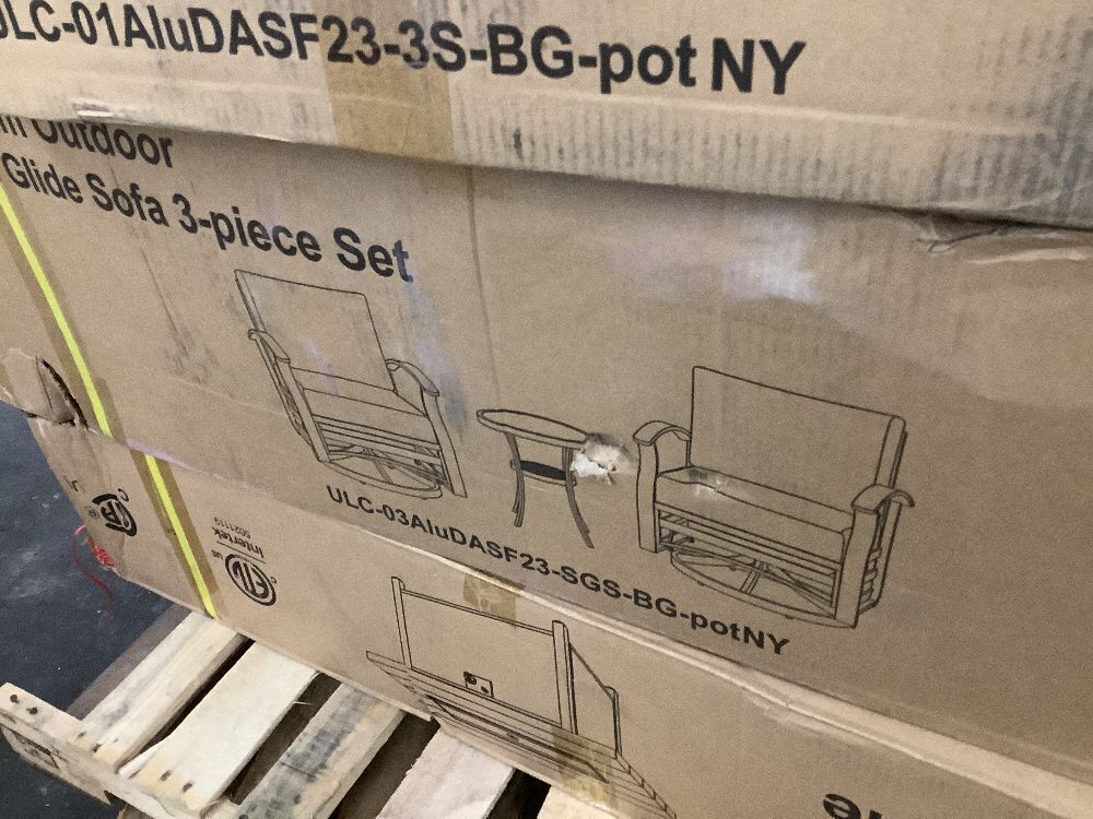 5-Piece Aluminum Patio Conversation Set with Firepit Table, Swivel Rocking Chairs and Navy-Blue Cushions - Image 4 - Lot 5JF