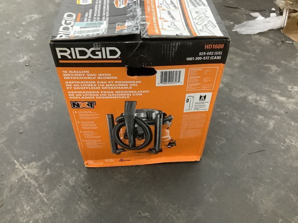 RIDGID 16 Gal. 6.5 Peak HP NXT Shop Vacuum Wet Dry Vac with Detachable Blower, Filter, Locking Hose and Accessories HD1600 - Image 2 - Lot 44JF