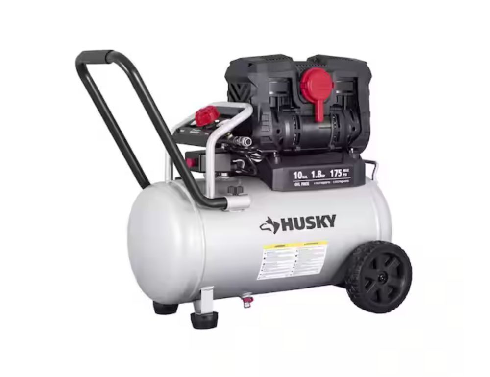 Husky 10 Gal. 175 PSI Electric Oil-Free Quiet Auto/Workshop Hotdog Air Compressor with Dual Gauges and 1-Quick Coupler - Image 1 - Lot 12JF