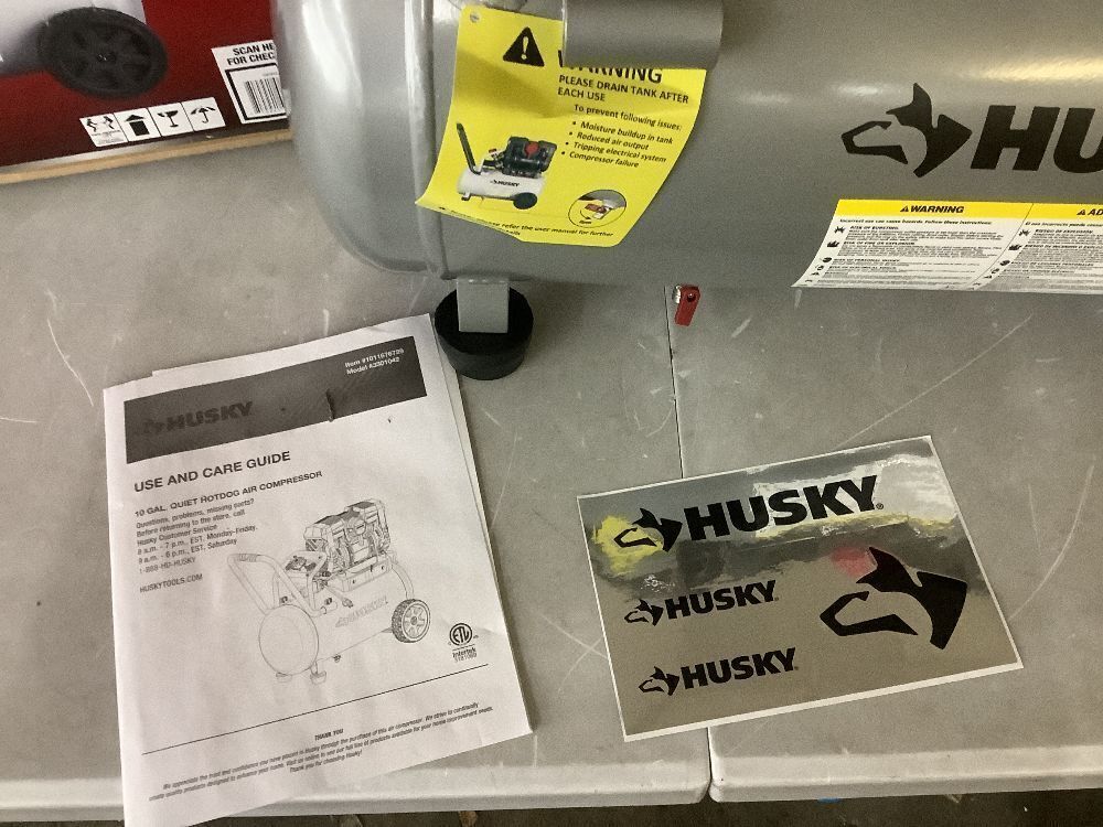 Husky 10 Gal. 175 PSI Electric Oil-Free Quiet Auto/Workshop Hotdog Air Compressor with Dual Gauges and 1-Quick Coupler - Image 5 - Lot 12JF