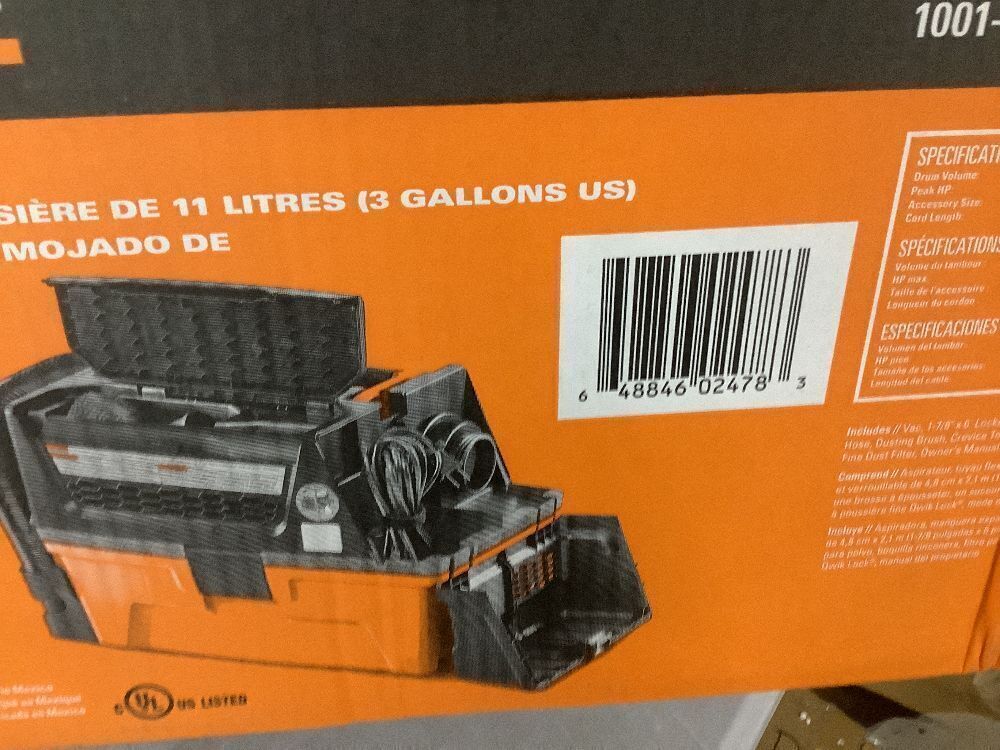 RIDGID 3 Gal. 5.0 Peak HP NXT Shop Vacuum Wet Dry Vac with Fine Dust Filter, Expandable Hose and Accessory Attachments HD0300 - Image 11 - Lot 41JF