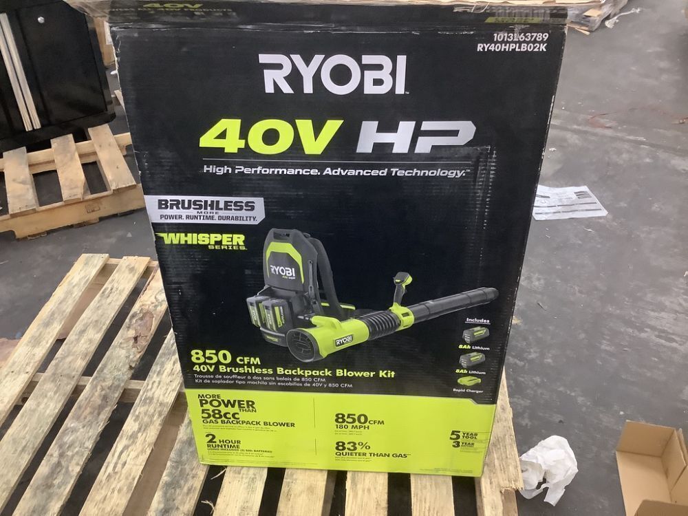 RYOBI 40V HP Brushless Whisper Series 180 MPH 850 CFM Cordless Battery Backpack Leaf Blower with 8.0 Ah Battery and Charger - Image 2 - Lot 22JF