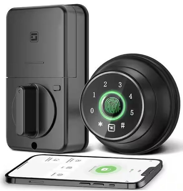WRIGHTMASTER 4 in 1 Aluminum Smart Lock Deadbolt with App Biometric Door Knob, Keyless Entry Door Lock in Black - Image 1 - Lot 106JF