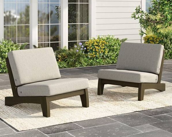 Uixe Teak Color Solid Wood Frame Armless Chairs with Removable Light Camel Cushions, Set of 2 - Image 1 - Lot 23JF