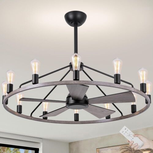 Wood Wagon Wheel Chandelier Ceiling Fan 44" - Lot 207