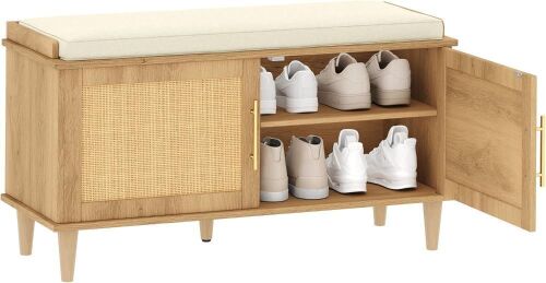 Akxomel Natural Rattan Shoe Storage Bench with Cushion - Lot 149