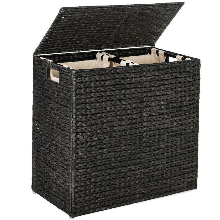 Large Water Hyacinth Double Laundry Hamper Basket w/ 2 Liner Bags - Image 1 - Lot 659