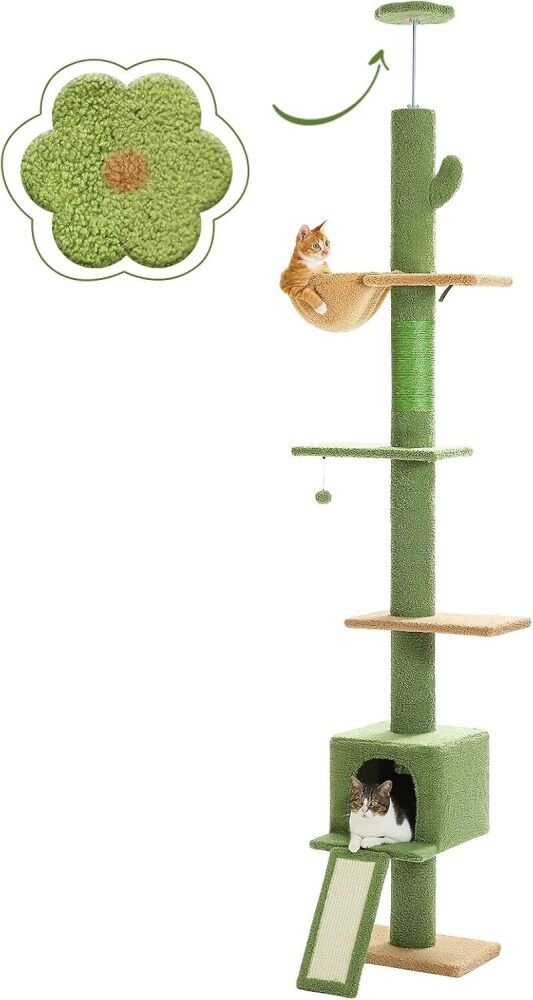 PETEPELA Floor to Ceiling Cat Tree, Cat Tower 5 Tiers Tall (83-108 Inches) Adjustable Height, Cat Climbing Tree Featuring with Condo, Scratching Post and Perches for Indoor Cats, Green - Image 1 - Lot 9074