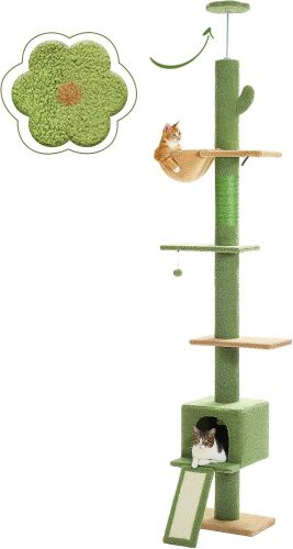 PETEPELA Floor to Ceiling Cat Tree, Cat Tower 5 Tiers Tall (83-108 Inches) Adjustable Height, Cat Climbing Tree Featuring with Condo, Scratching Post and Perches for Indoor Cats, Green - Lot 9074