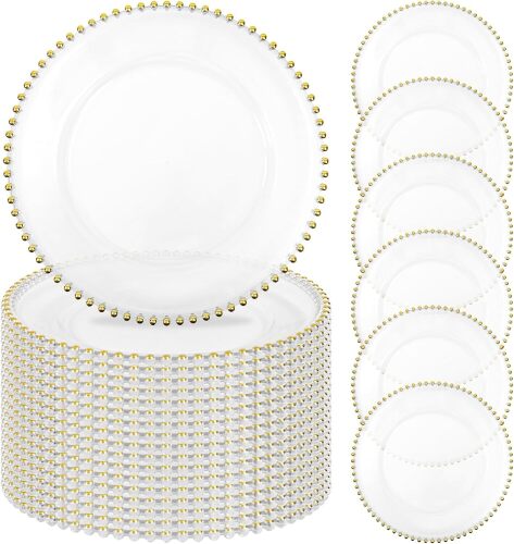 YMHPRIDE 24 Pack Clear Charger Plates Bulk, 13 Inch Plastic Acrylic Round Dinner Plate with Gold Beaded Rim Round Charger Plate Service for Home Wedding Party Event Table Setting Decoration - Lot 9137