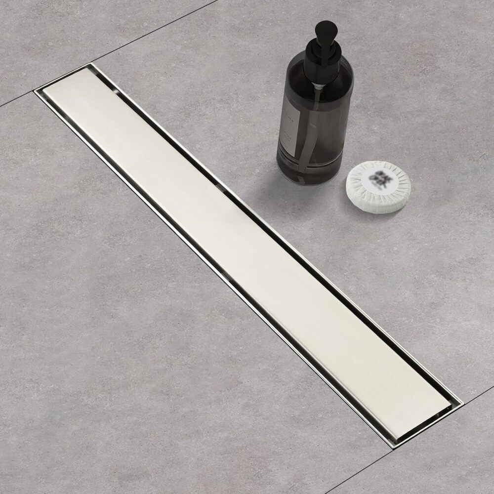 Linear Shower Drain, 48 Inch Brushed 304 Stainless Steel Rectangle Shower Floor Drain，with Reversable Tile-inPattern Drain Cover & Hair Catcher, Adjustable Feet - Image 1 - Lot 9147