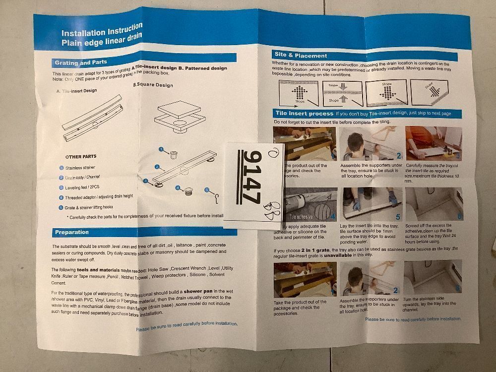 Linear Shower Drain, 48 Inch Brushed 304 Stainless Steel Rectangle Shower Floor Drain，with Reversable Tile-inPattern Drain Cover & Hair Catcher, Adjustable Feet - Image 4 - Lot 9147