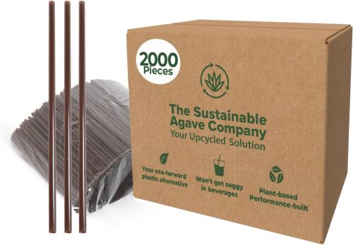 Sustainable Agave Co - Agave Fiber Unwrapped Drinking Straws - 2000 Count - Plant-Based, Made With Upcycled Materials, Reusable - Brown, Regular, 8" - Lot 9177