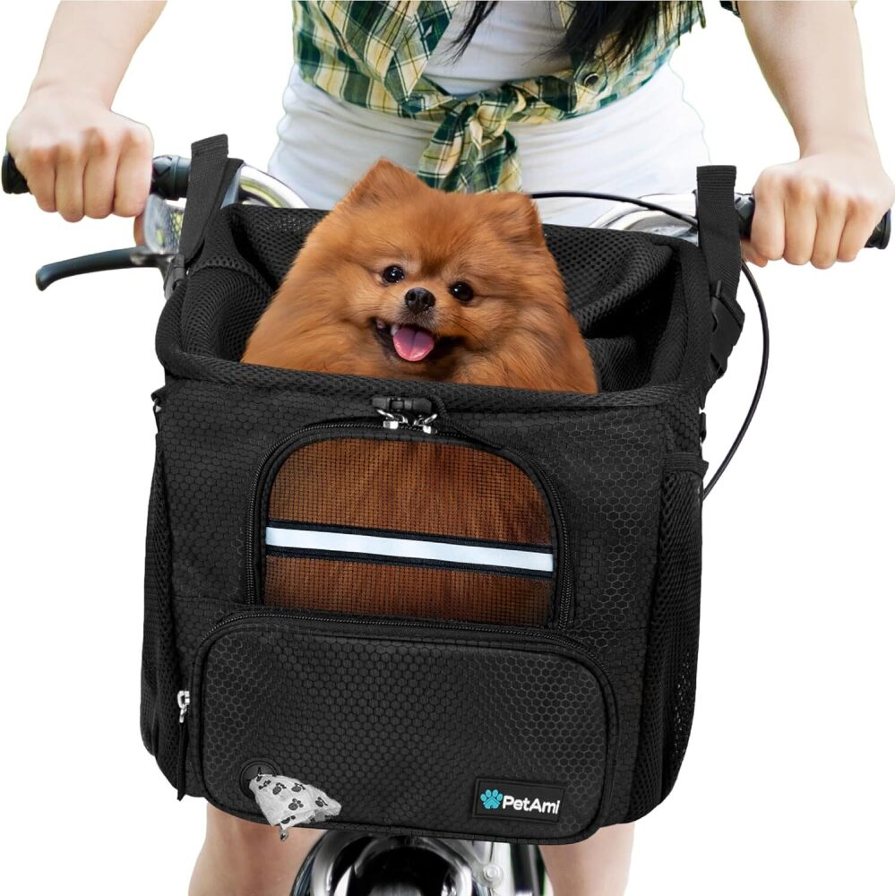 PetAmi Dog Bike Basket, Soft-Sided Ventilated Dog Bike Carrier Backpack, Pet Bicycle Basket for Bike Handlebar, Small Medium Puppy Cat Kitten Car Booster Seat with Safety Strap, Max 18 lbs, Black - Image 1 - Lot 9253