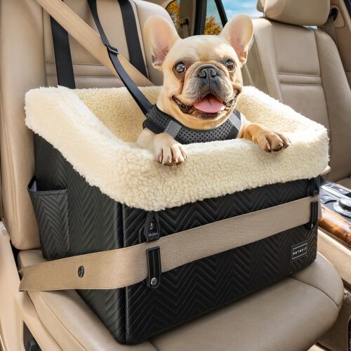 PETSFIT Small Dog Car Seat, Waterproof PU Leather Dog Booster Car Seat with Patented Safe Buckles, Detachable Dogs Seat Belt for Car, Dog Car Seat Medium Sized Dog up to 30 lbs (Black) - Lot 9263
