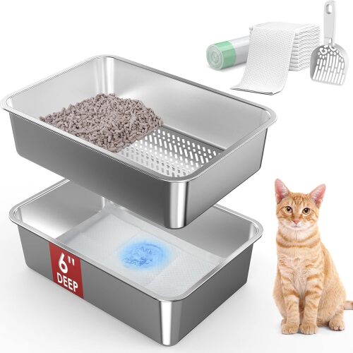 Charlie & Mollie Stainless Steel Sifting Litter Box for Pine Pellets, Stainless Steel Litter Box for Sifter Litter Pan System, Metal Litter Tray with Pee Pad and Scoop, Odor Control, Easy Cleaning - Lot 9267