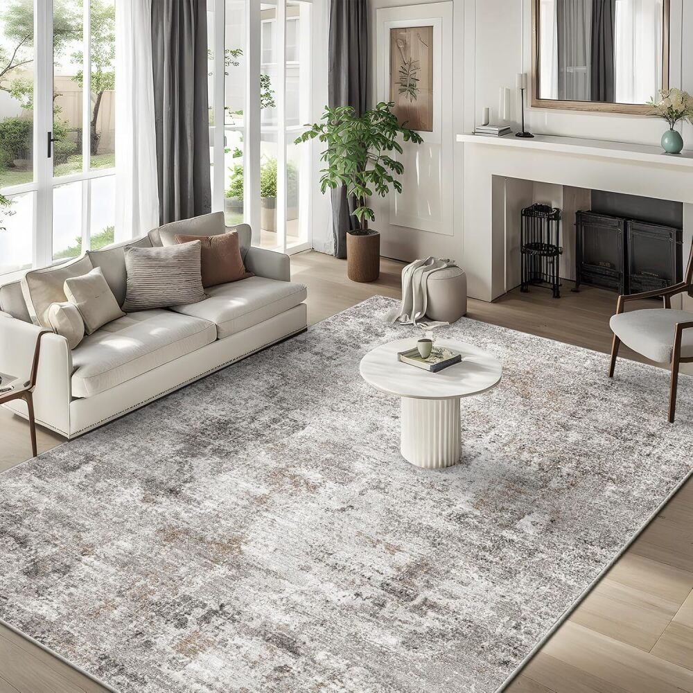 8x10 Washable Living Room Rug – Modern Neutral Abstract Soft Large Area Rug for Bedroom Dining Room Home Office Kitchen - Non-Slip Low Pile Thin Stain-Resistant Carpet (Beige,Grey) - Image 1 - Lot 9333