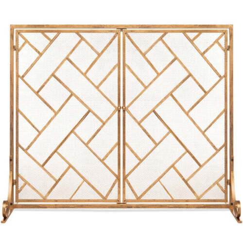 2-Panel Wrought Iron Geometric Fireplace Screen w/ Magnetic Doors - 44x33in - Lot 9386