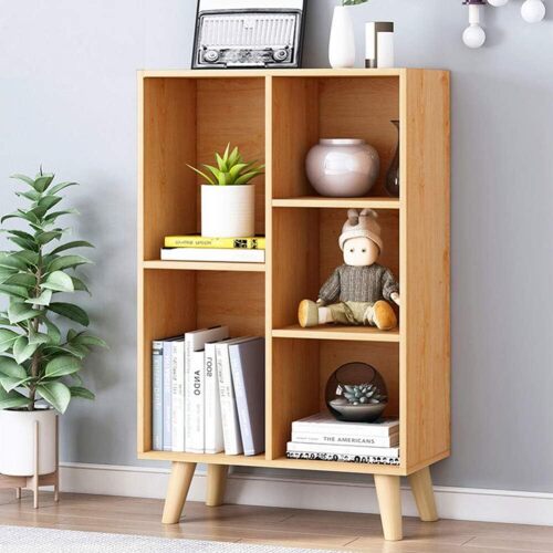 IOTXY Wooden Open Shelf Bookcase - 3-Tier Floor Standing Display Cabinet Rack with Legs, 5 Cubes Bookshelf, Pear Yellow - Lot 9128