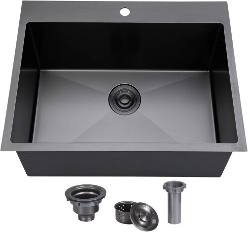 SHACO 22x18 Inch Drop In Black Bar Sink, 22 Inch Gunmetal Black Outdoor RV Laundry Utility Sink, Stainless Steel 16 Gauge Single Bowl Prep Small Kitchen Sink with Strainer Drain - Lot 9287
