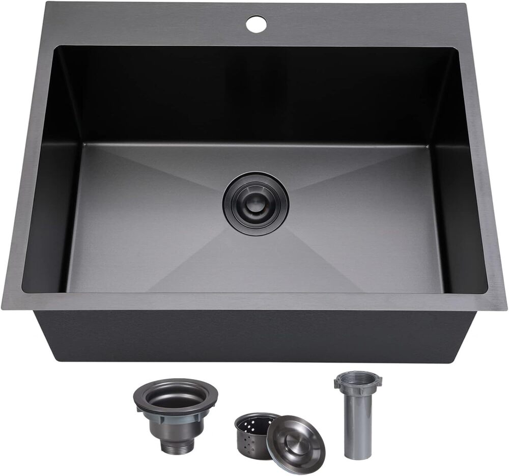 SHACO 22x18 Inch Drop In Black Bar Sink, 22 Inch Gunmetal Black Outdoor RV Laundry Utility Sink, Stainless Steel 16 Gauge Single Bowl Prep Small Kitchen Sink with Strainer Drain - Image 1 - Lot 9292
